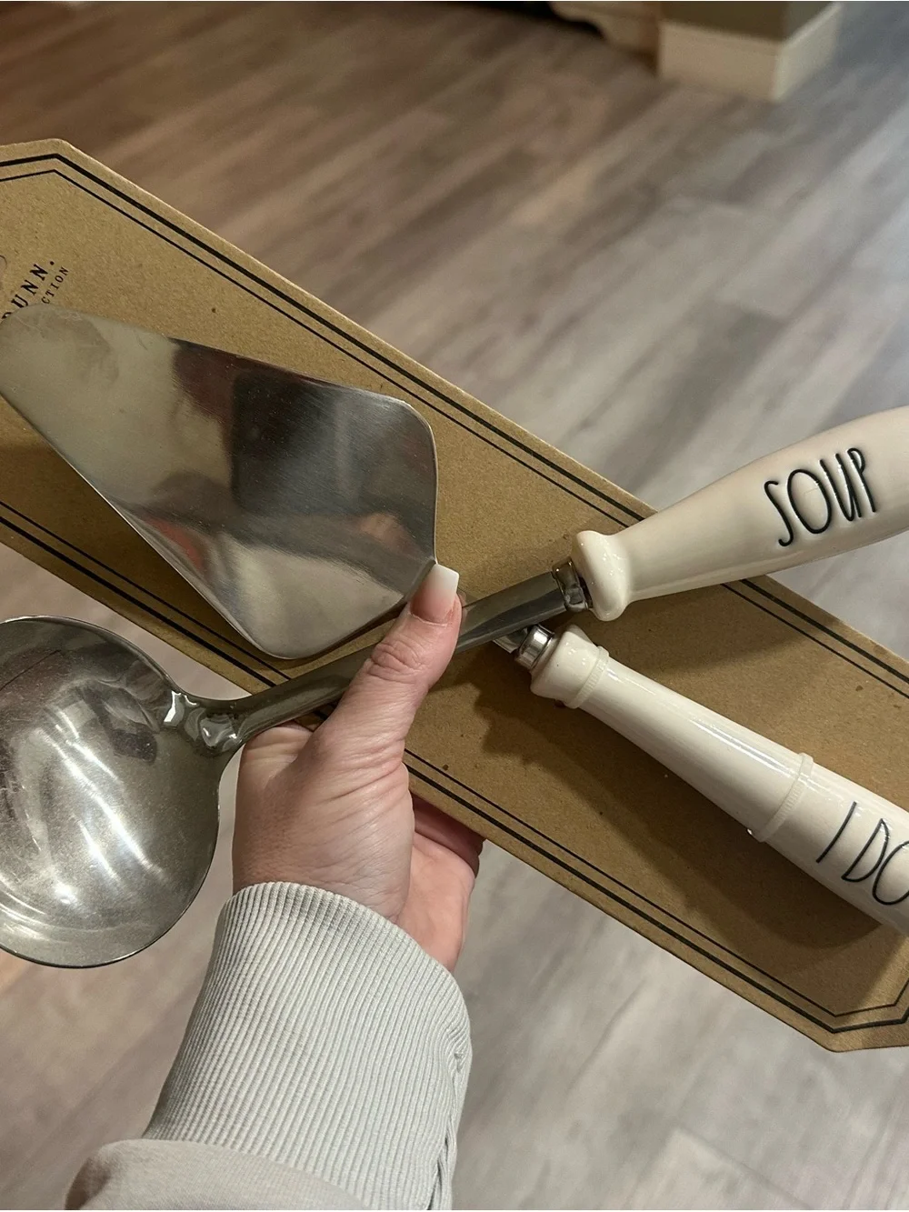 Rae Dunn “SOUP” ladle and “I DO” cake cutter.